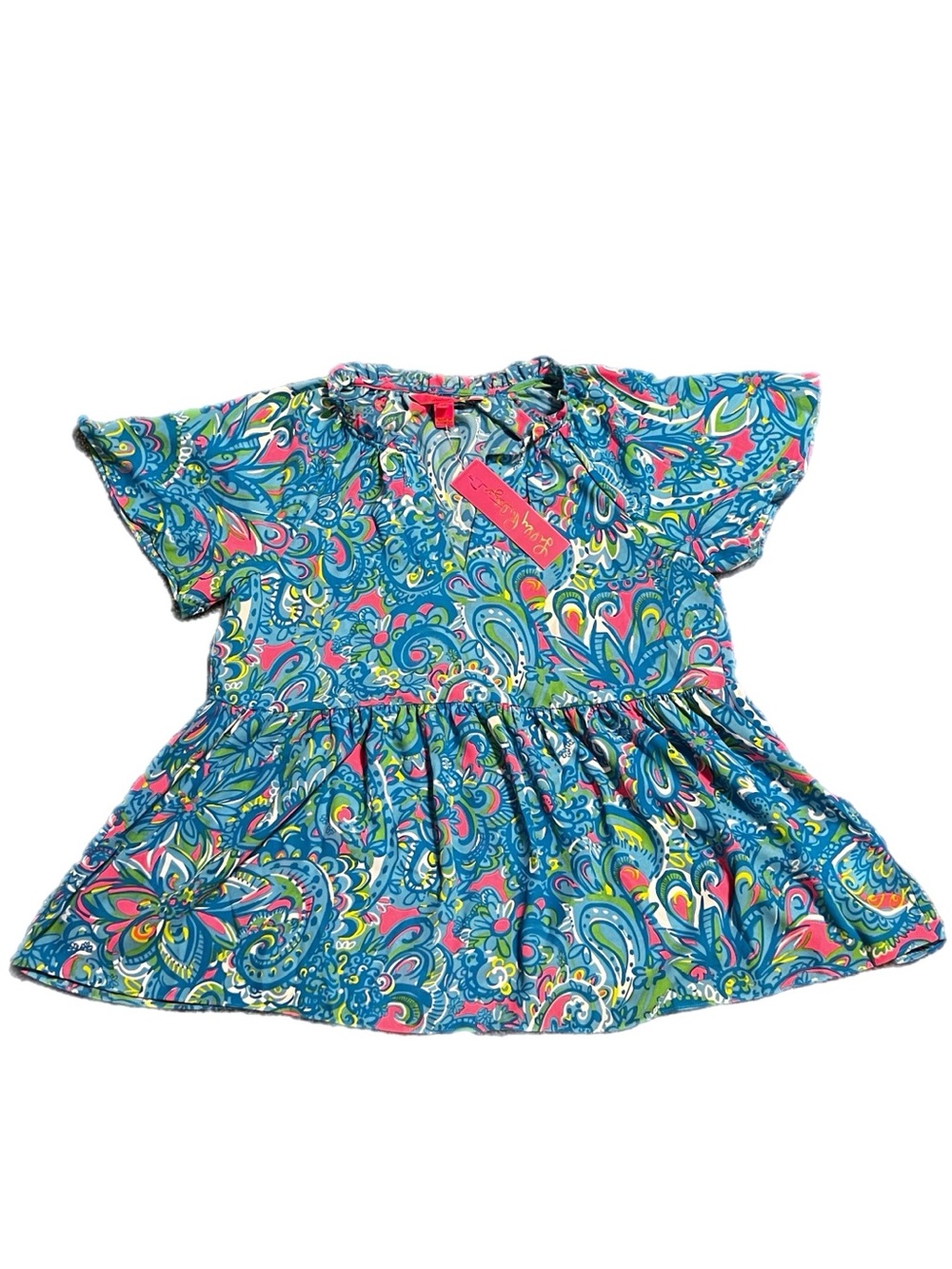 NWT Lilly Pulitzer Blue Pink Green White Yellow Paisley Peplum Short Sleeve Top